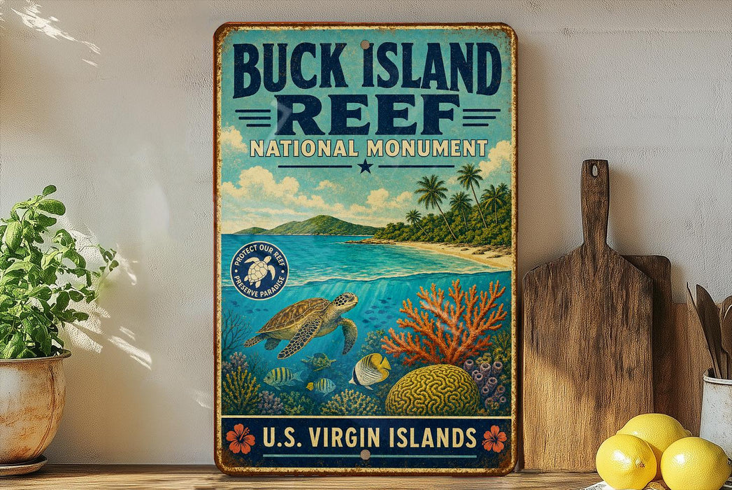 A vintage-style metal sign for Buck Island Reef National Monument, featuring a tropical beach scene with a sea turtle, coral, and other marine life.