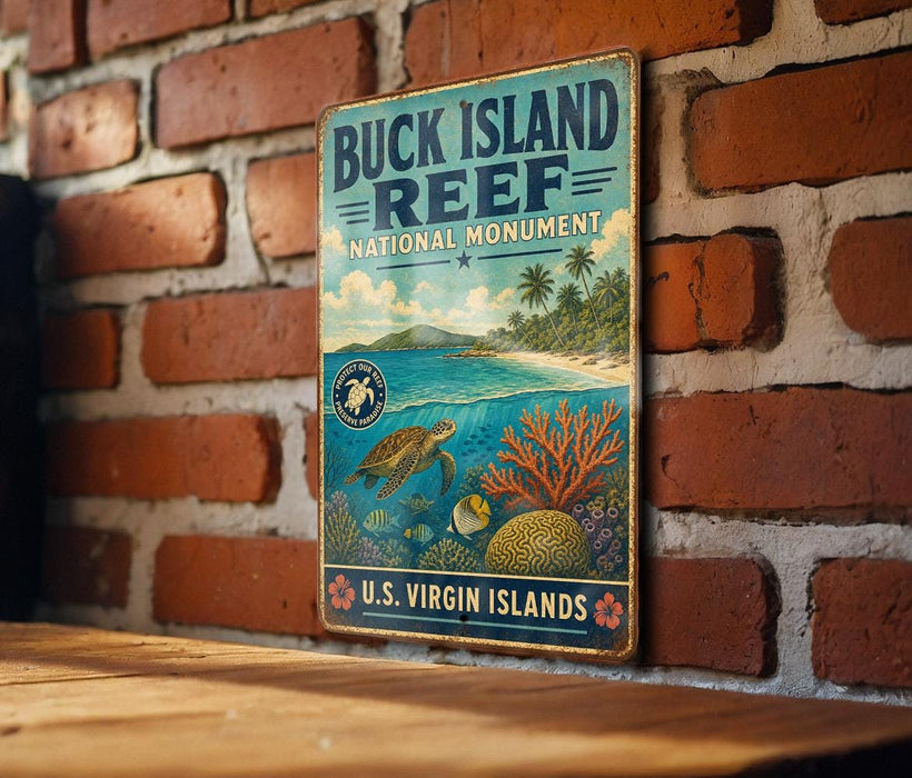 A vintage-style metal sign for the Buck Island Reef National Monument, featuring an illustration of a tropical beach scene with a turtle, coral, and fish.