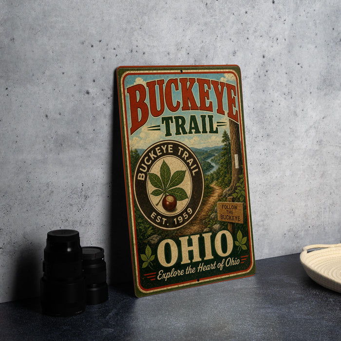 A vintage-style metal sign for the Buckeye Trail in Ohio, featuring a scenic illustration of a forest and a path.