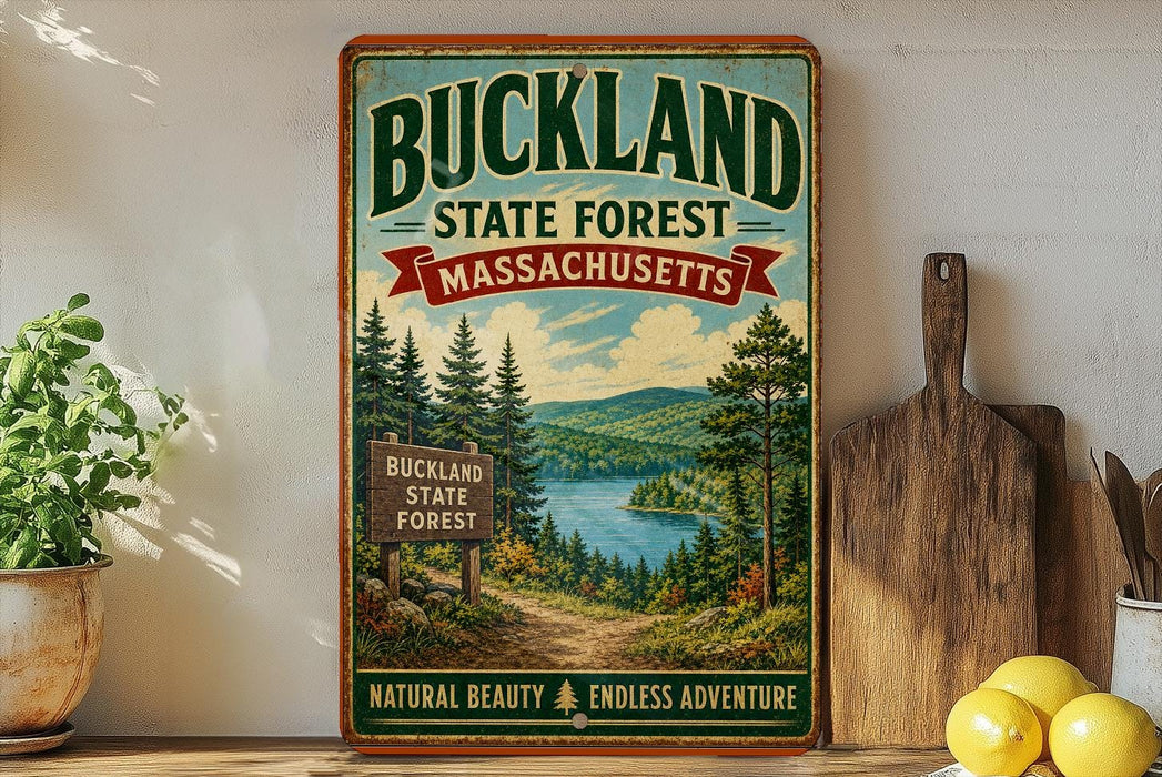 A vintage-style sign for Buckland State Forest in Massachusetts, featuring a scenic landscape with pine trees, a lake, and mountains.