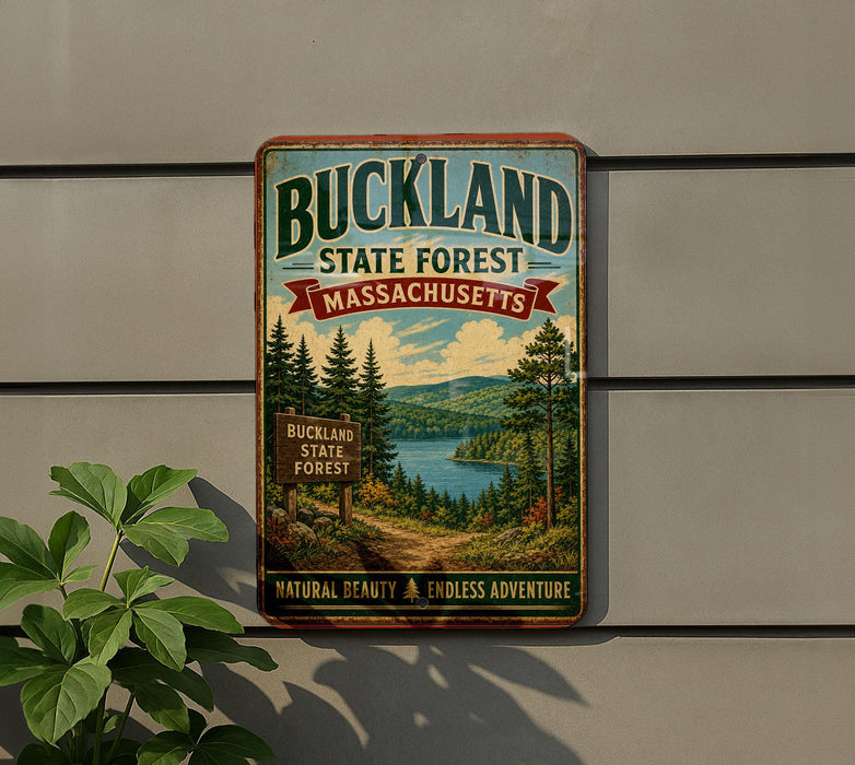A vintage metal sign for Buckland State Forest in Massachusetts, featuring a scenic landscape with pine trees, a lake, and mountains.