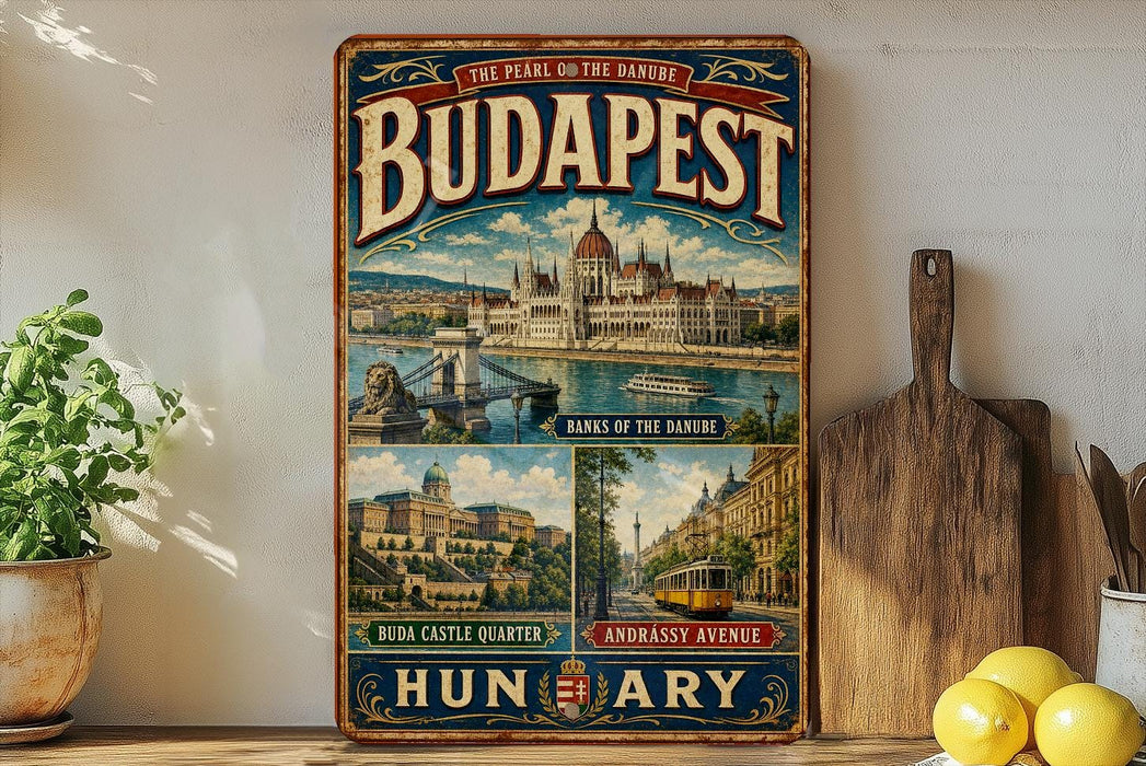 A vintage-style poster of Budapest, Hungary, featuring various landmarks and scenes, is displayed on a wall next to a wooden cutting board and some potted plants.