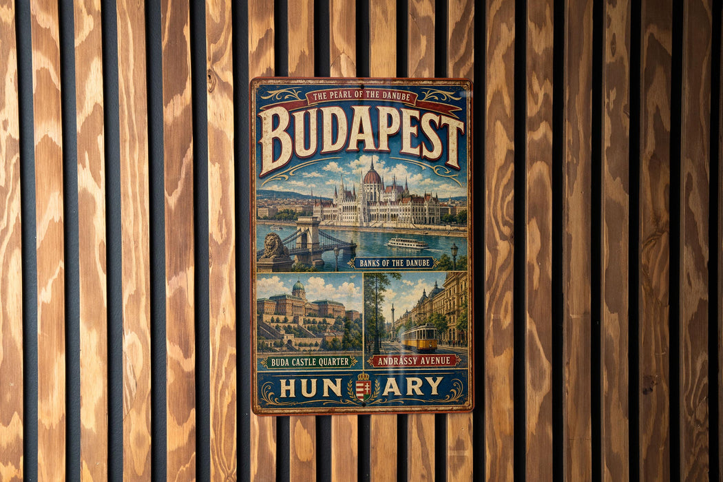 A vintage-style metal sign with the text "THE PEARL OF THE DANUBE BUDAPEST" and "BUNDA CASTLE QUARTER" is displayed on a wooden wall.