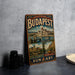 A vintage-style poster advertising the capital city of Hungary, Budapest, with images of various landmarks and scenes.