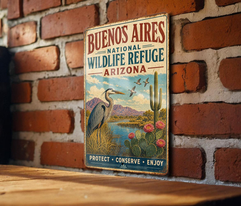 A vintage-style sign for the Buenos Aires National Wildlife Refuge in Arizona, featuring a bird, cactus, and desert landscape.