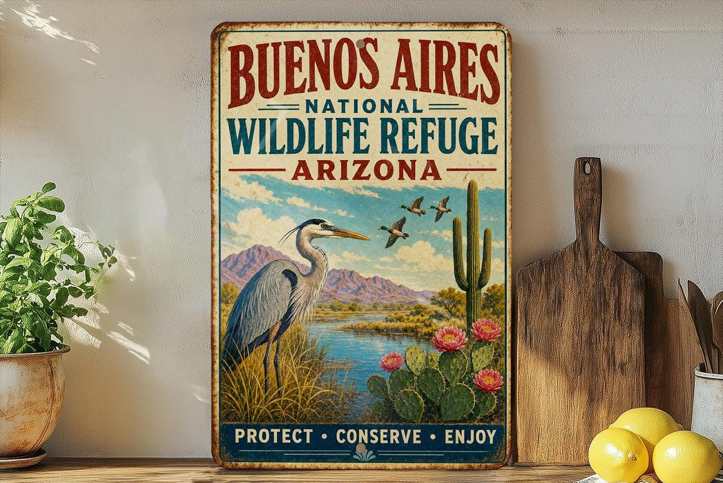 A vintage-style sign for the Buenos Aires National Wildlife Refuge in Arizona, featuring an illustration of a heron, cactus, and flowers against a desert landscape.