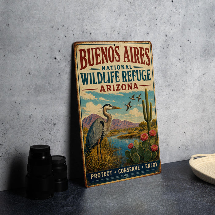 A vintage-style metal sign for the Buenos Aires National Wildlife Refuge in Arizona, featuring an illustration of a crane, cactus, and desert landscape.