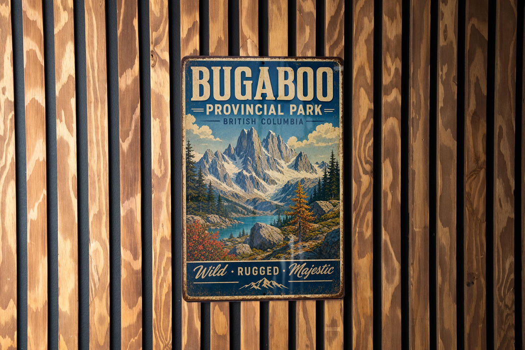 A vintage-style metal sign for Bugaboo Provincial Park in British Columbia, featuring a mountain landscape with text that reads "Wild Rugged Majestic".