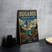 A vintage-style metal sign for Bugaboo Provincial Park in British Columbia, featuring a mountain landscape with a lake and pine trees.