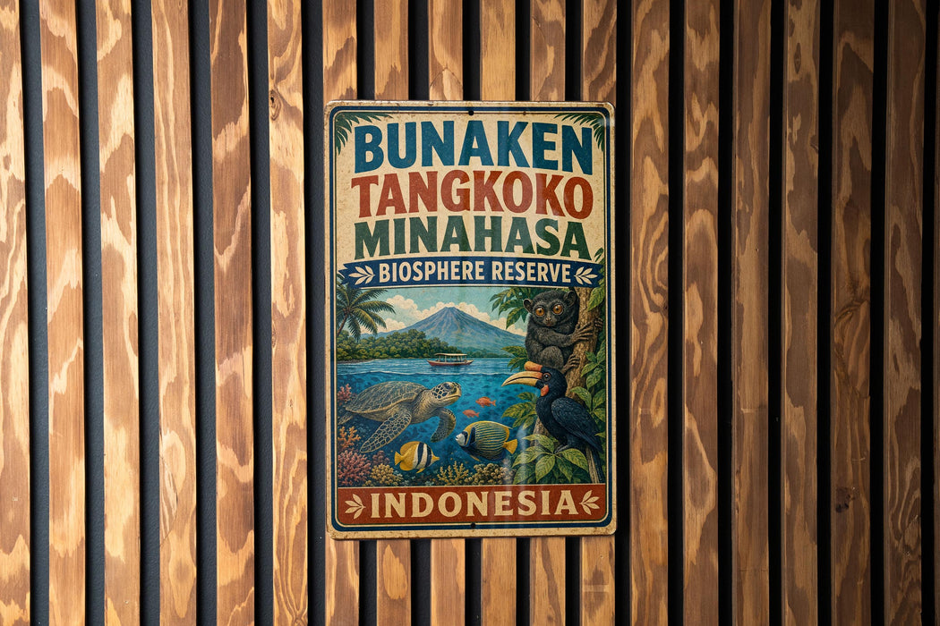 a sign for the Borneo Tengkoko Minahasa Biosphere Reserve in Indonesia.