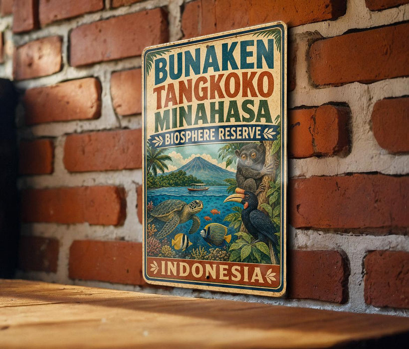 a vintage-style sign for the Bungakoko Tanakhasa Biosphere Reserve in Indonesia, with a tropical landscape and wildlife depicted on the sign.