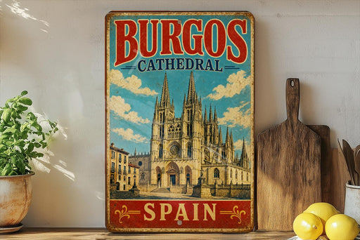 A vintage-style metal sign for the Burgos Cathedral in Spain, featuring an illustration of the cathedral and the text "Burgos Cathedral" in a colorful, decorative font.