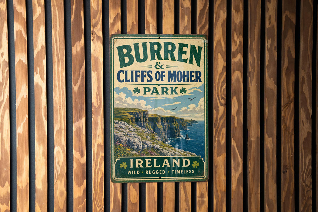 A vintage metal sign for Burren Cliffs of Moher Park in Ireland, featuring a scenic illustration of the cliffs and the surrounding landscape.