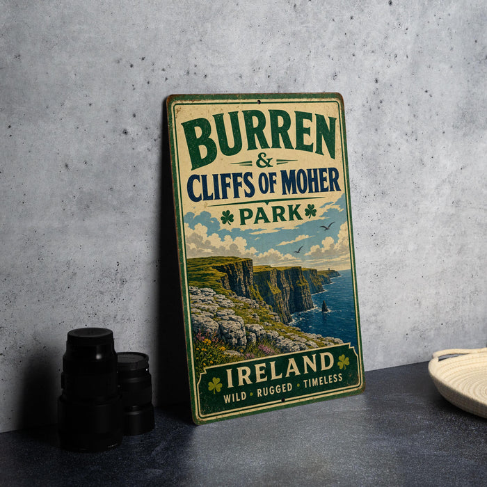 A vintage metal sign advertising Burren and Cliffs of Moher Park, featuring a scenic illustration of cliffs overlooking the ocean.