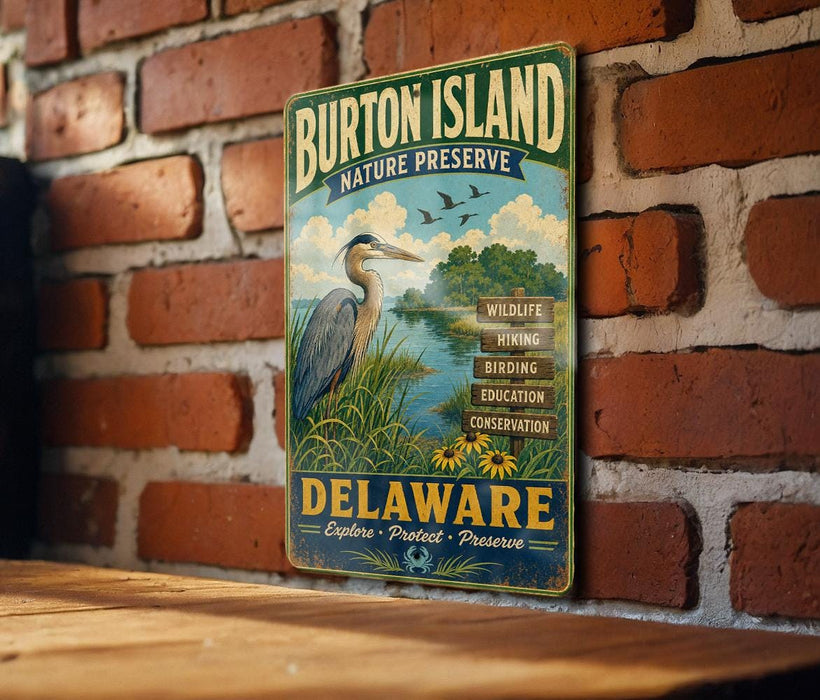 A vintage metal sign for Burton Island Nature Preserve in Delaware, featuring a heron and a scenic landscape.