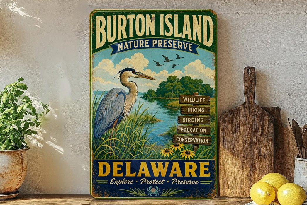 A vintage metal sign for Burton Island Nature Preserve in Delaware, featuring a blue heron and a scenic landscape.