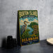 A vintage metal sign for Burton Island Nature Preserve in Delaware, featuring a large heron and text promoting wildlife, hiking, birdwatching, and conservation.