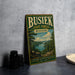 A vintage-style metal sign for Busiak State Forest, Missouri, featuring a scenic landscape with a lake and mountains.