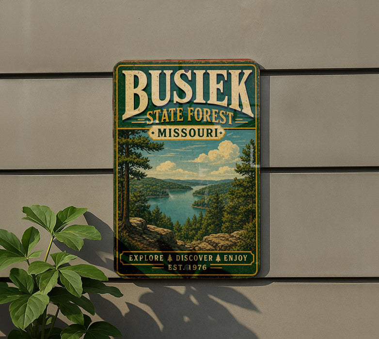 A vintage-style metal sign for Busiak State Forest in Missouri, featuring a scenic landscape with a lake and mountains.