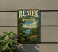 A vintage-style metal sign for Busiak State Forest in Missouri, featuring a scenic landscape with a lake and mountains.