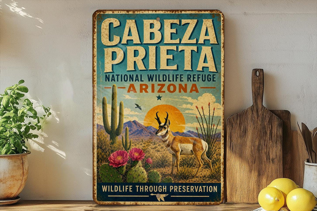 a vintage-style sign for the National Wildlife Refuge in Arizona, with a desert landscape and wildlife scene depicted.