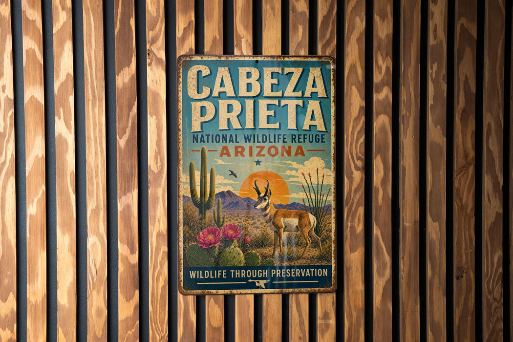 a vintage-style metal sign with a desert landscape and wildlife, mounted on a wooden wall.