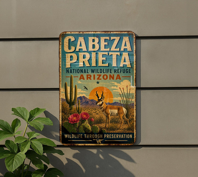 a vintage-style metal sign for the National Wildlife Refuge in Arizona, with a desert landscape and wildlife scene depicted on it.