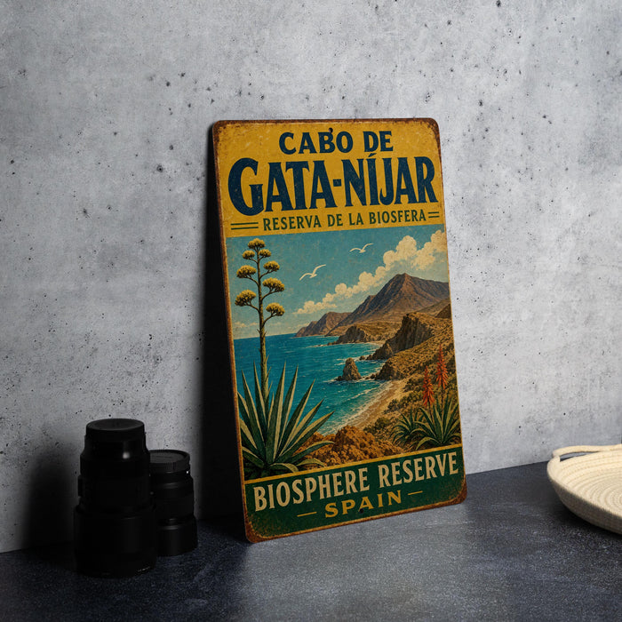 A vintage metal sign for the Biosphere Reserve in Cabo de Gata-Nijar, Spain, featuring a scenic landscape with mountains, a beach, and a palm tree.