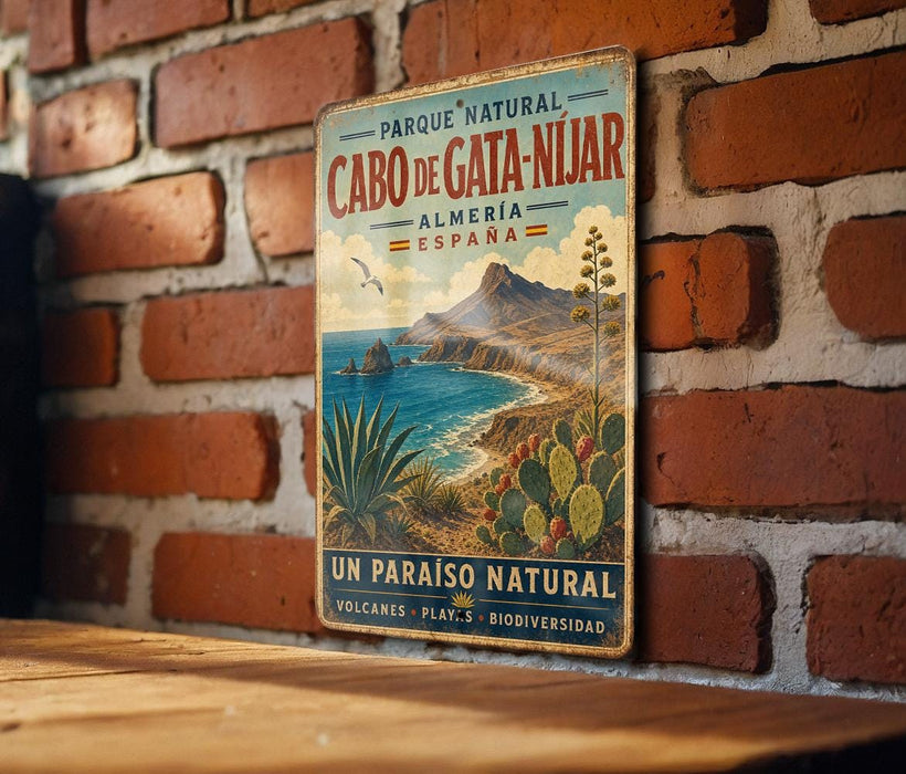 A vintage-style metal sign with a beach scene and mountains in the background, mounted on a brick wall.