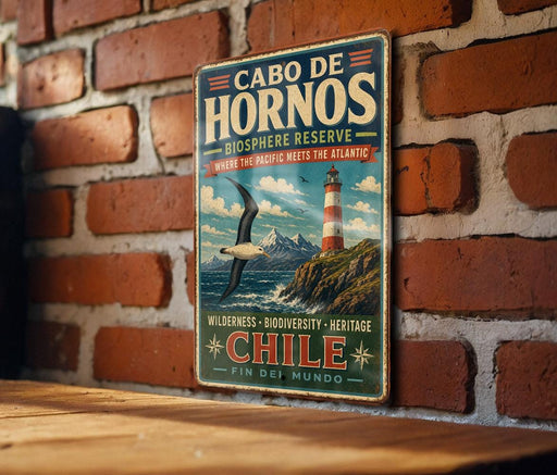 A vintage-style metal sign with text and an illustration of a lighthouse and a bird, mounted on a brick wall.
