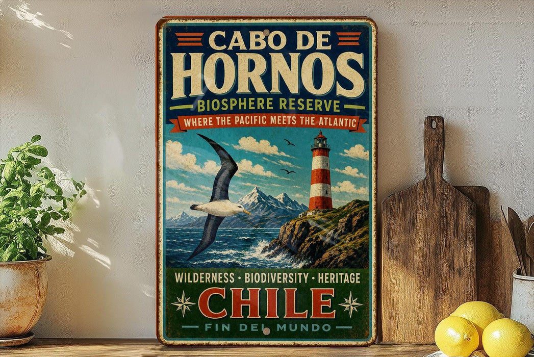 A vintage-style sign for Cabo de Hornos, a lighthouse located in the Pacific Ocean, Chile. The sign features a lighthouse and a seagull, along with text promoting the biodiversity and heritage of the region.