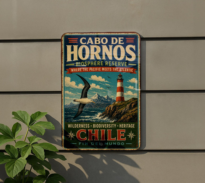 A vintage-style sign for the Cabo de Hornos Biosphere Reserve in Chile, featuring a lighthouse and a bird in flight.