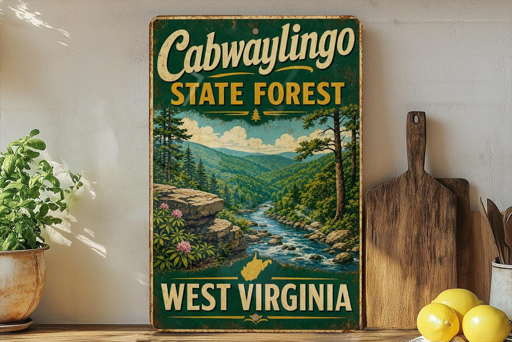 A vintage-style sign for Cabwaylingo State Forest in West Virginia, featuring a scenic mountain landscape with a river and pine trees.