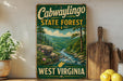 A vintage-style sign for Cabwaylingo State Forest in West Virginia, featuring a scenic mountain landscape with a river and pine trees.