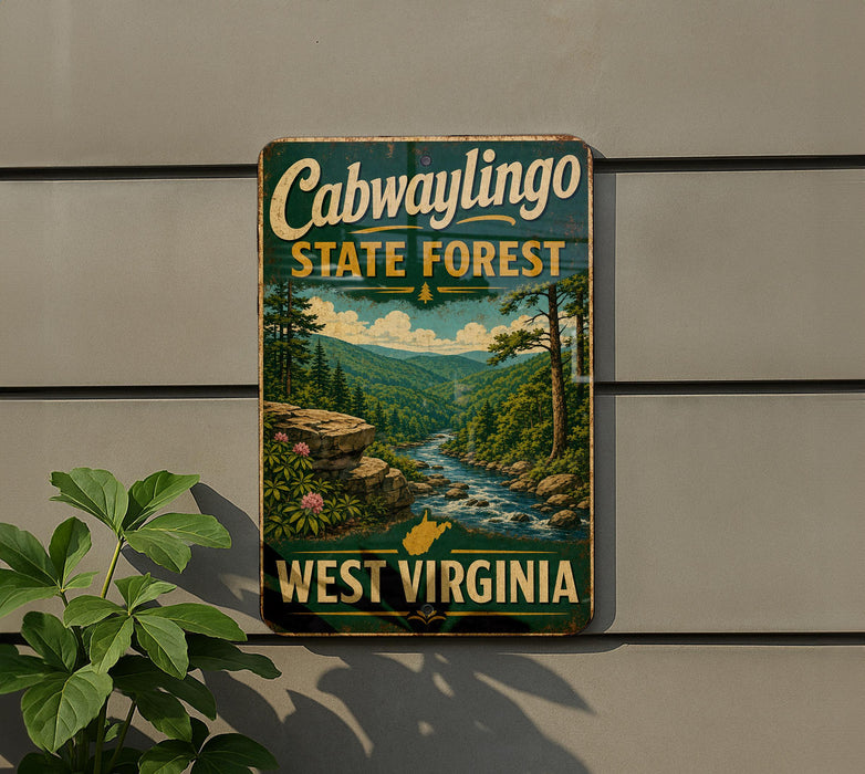 a vintage-style sign for Cabwaylingo State Forest in West Virginia, with a scenic landscape depicting a river, mountains, and pine trees.