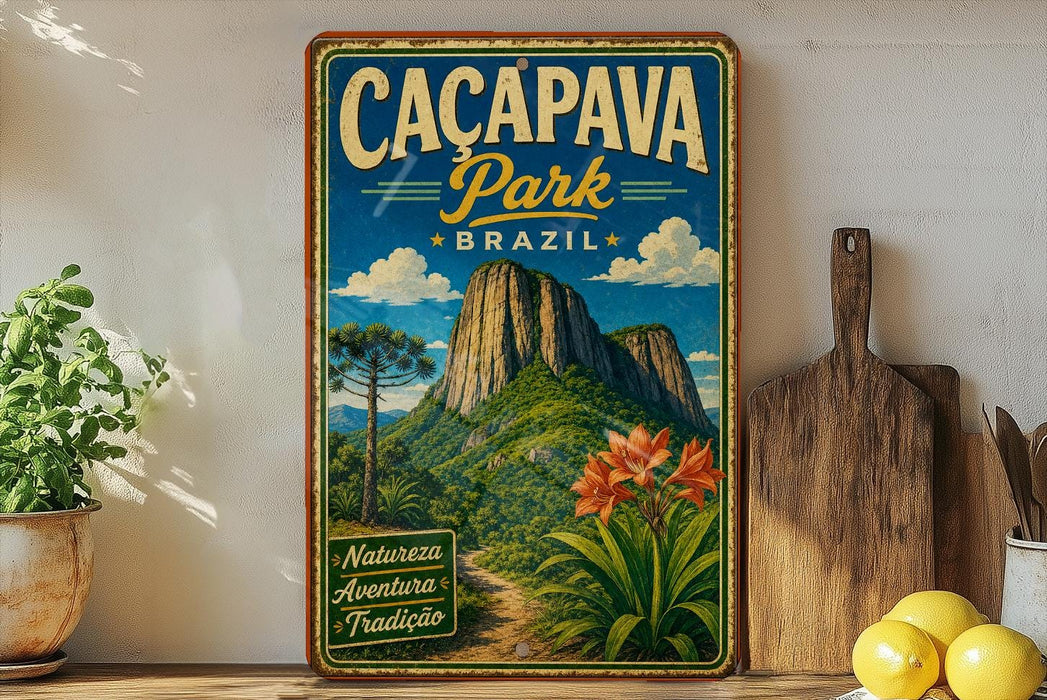 a vintage-style poster of the Cacapava Park in Brazil, with a mountainous landscape and tropical flora.