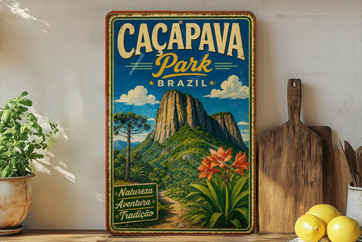 a vintage-style poster of the Cacapava Park in Brazil, with a mountainous landscape and tropical flora.