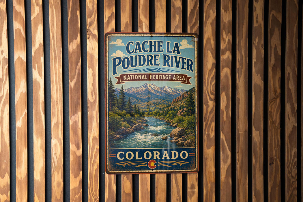 A vintage metal sign for the Cache La Poudre River National Heritage Area in Colorado, featuring a scenic illustration of the river surrounded by mountains and forests.