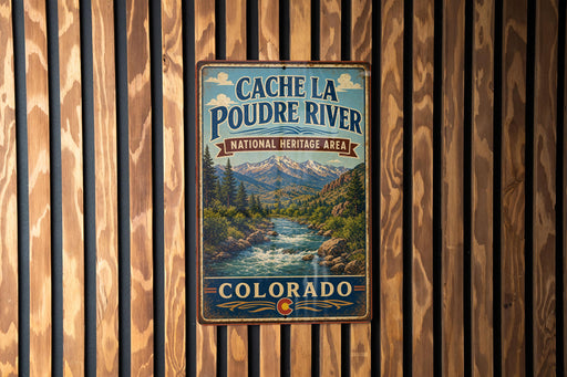 A vintage metal sign for the Cache La Poudre River National Heritage Area in Colorado, featuring a scenic illustration of the river surrounded by mountains and forests.