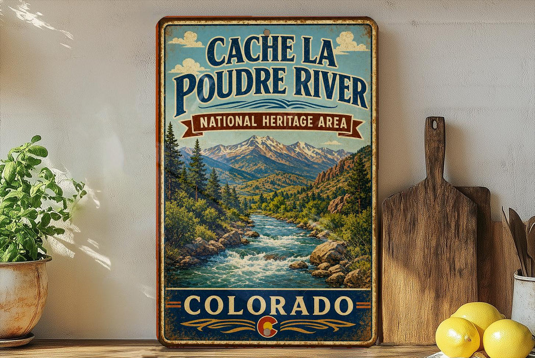 A vintage-style sign for the Cache la Poudre River National Heritage Area in Colorado, featuring a scenic mountain landscape with a flowing river.