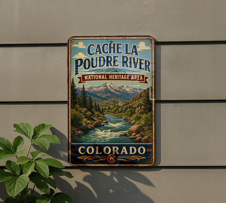 A vintage metal sign for the Cache la Poudre River National Heritage Area in Colorado, featuring a scenic mountain landscape with a flowing river.