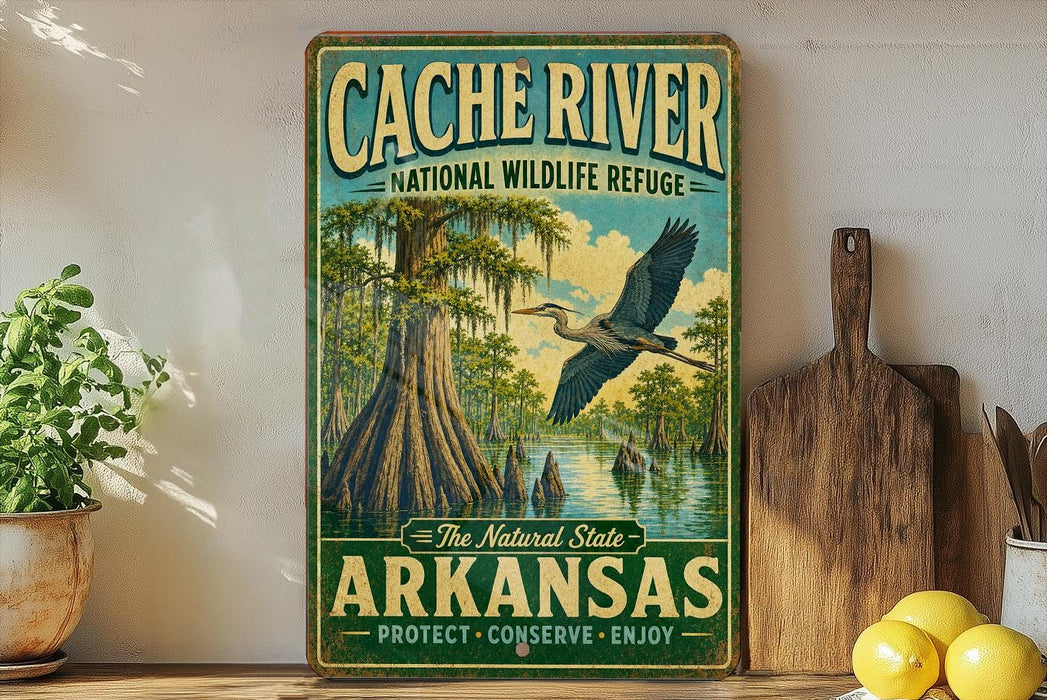 a vintage-style sign for the Cache River National Wildlife Refuge in Arkansas, with a painting of a bird flying over a swampy landscape.