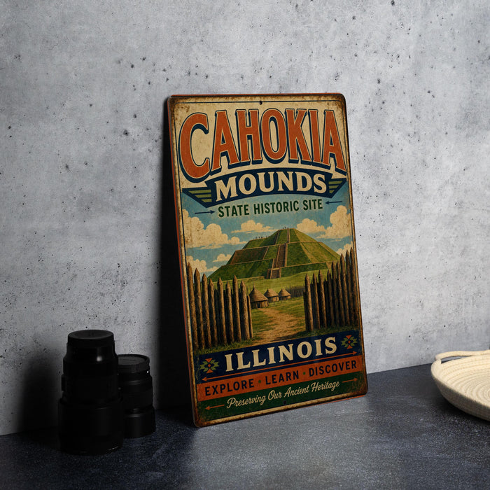 A vintage-style sign for the Cahokia Mounds State Historic Site in Illinois, featuring an illustration of the site and the text "Cahokia Mounds - State Historic Site - Illinois - Explore Our Ancient Heritage".