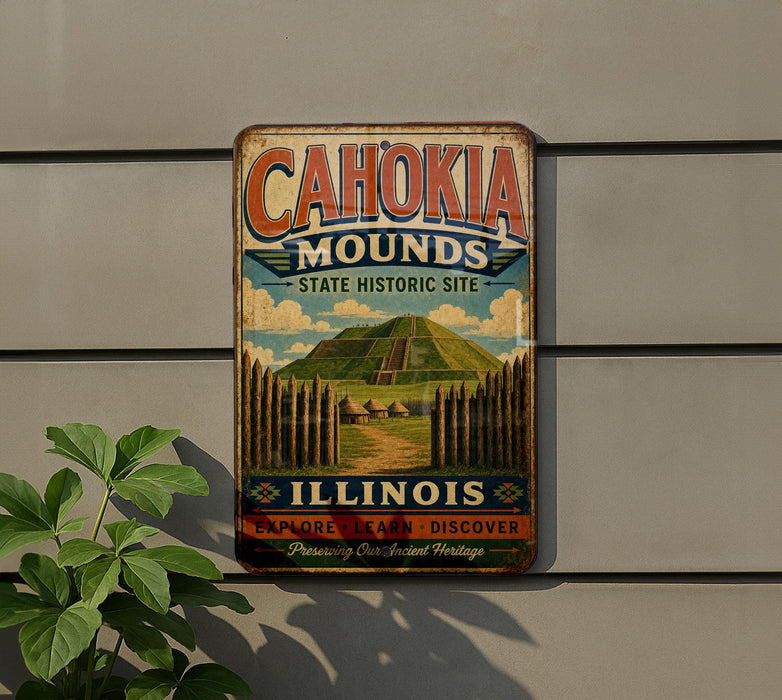 A vintage metal sign advertising the Cahokia Mounds State Historic Site in Illinois, featuring a mountain landscape and the text "Cahokia Mounds State Historic Site" and "ILLINOIS EXPLORE LEARN DISCOVER Preserving Our Ancient Heritage".