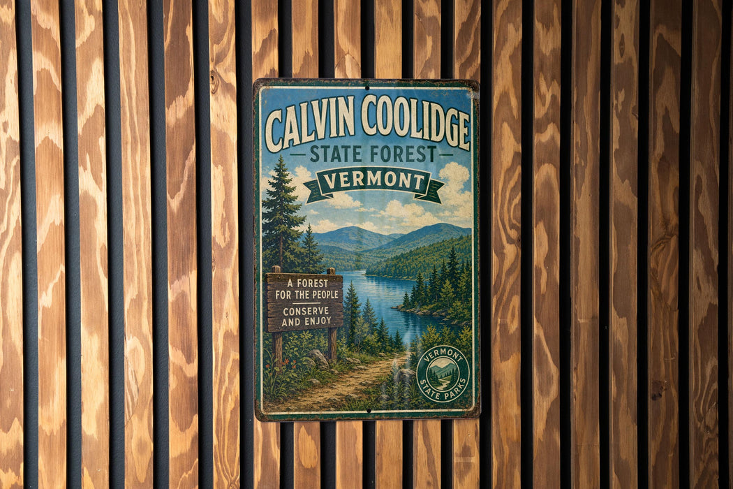 A vintage metal sign for Calvin Coolidge State Forest in Vermont, featuring a scenic image of a forest and a lake.