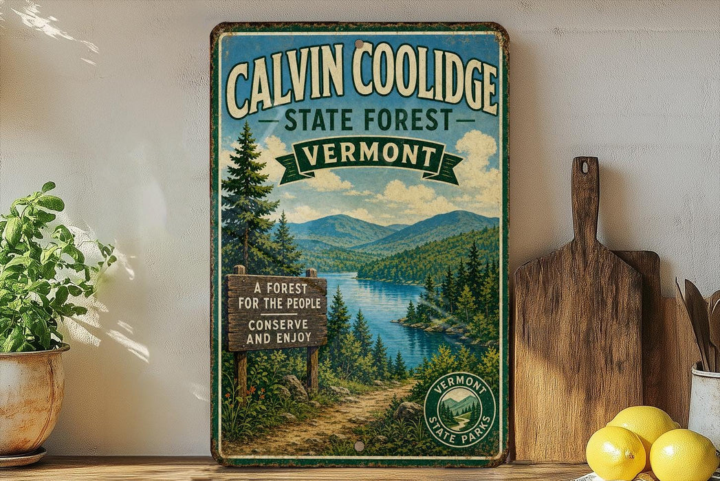A vintage-style metal sign for Calvin Coolidge State Forest in Vermont, featuring a scenic landscape with a lake and mountains.