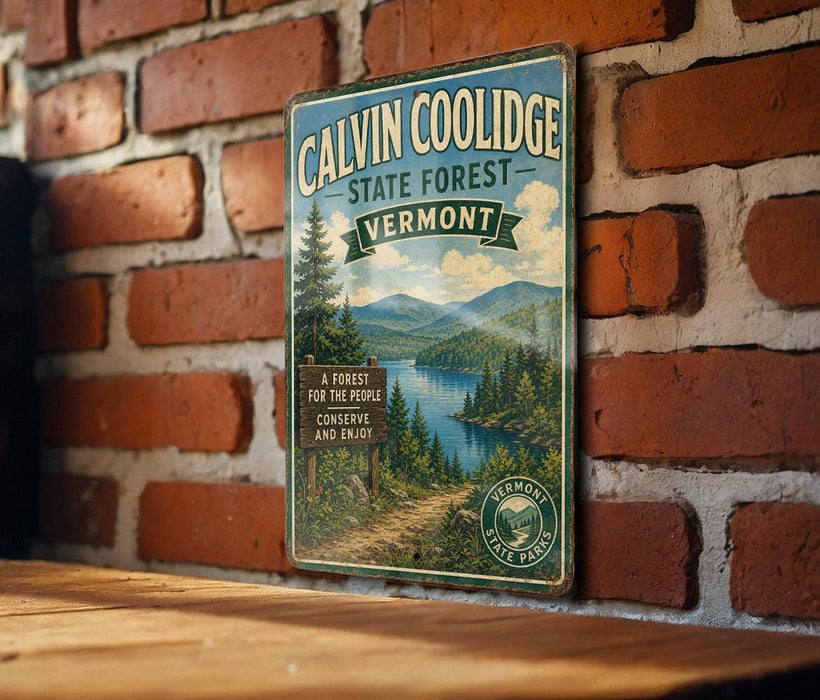 A vintage metal sign for Calvin Coolidge State Forest in Vermont, featuring a scenic landscape with a lake and mountains.