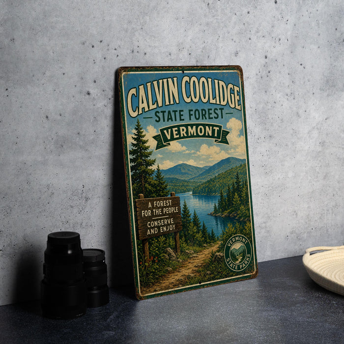 A vintage-style metal sign for Calvin Coolidge State Forest in Vermont, featuring a scenic landscape with pine trees, a lake, and mountains.
