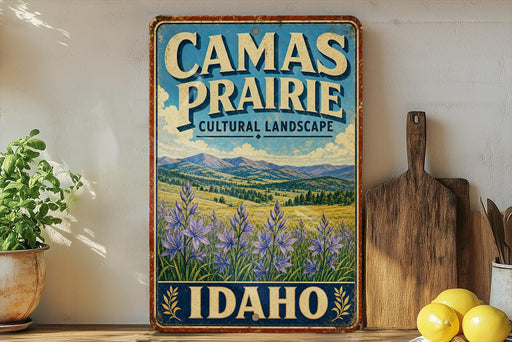 a vintage-style sign for Camas Prairie, a cultural landscape in Idaho, with a scenic mountain landscape and purple wildflowers in the foreground.