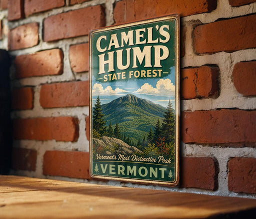 A vintage metal sign for Camel's Hump State Forest in Vermont, featuring a mountain landscape with pine trees and a cloudy sky.